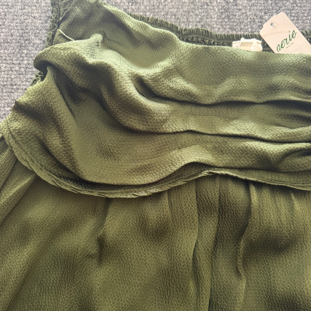 Aerie Smocked Ruched Mini Skirt NWT Green Tie Waist Flowy L - Picture 7 of 12
